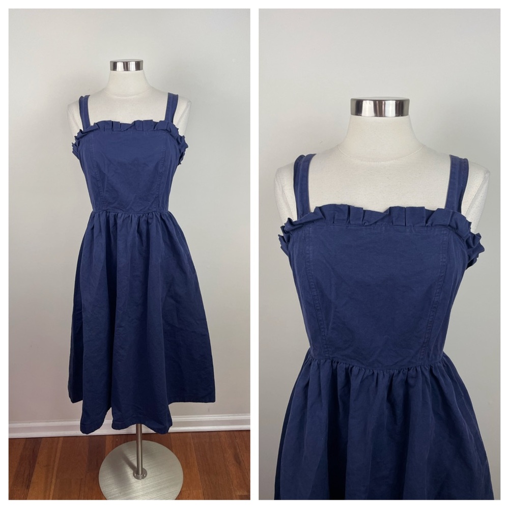 Tyler Boe Solid Navy Blue Linen Cotton Ruffle Dress Women Size 8 Classic